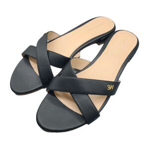 Stuart Weitzman Women Slide Sandals Byway Crisscross Leather Black Flat Sz 10.5